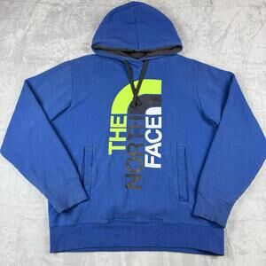 The North Face Blue Graphic Hoodie Men M Big Logo Outdoor Pullover Thick Fleece